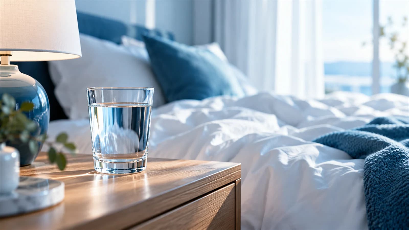 A glass of water on a wooden bedside table in morning light