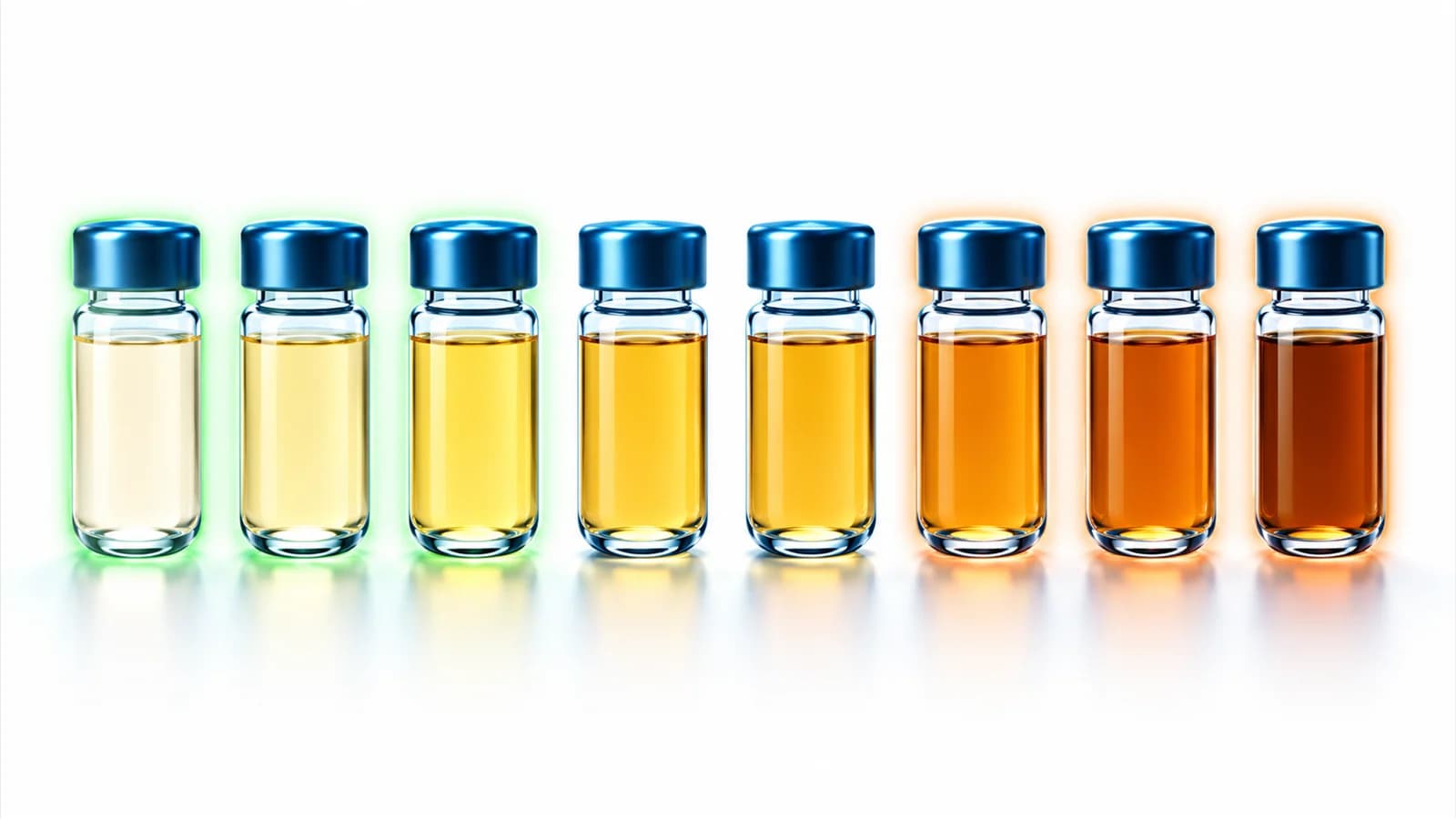 Eight vials shading from very pale yellow to dark amber; the paler ones indicate good hydration