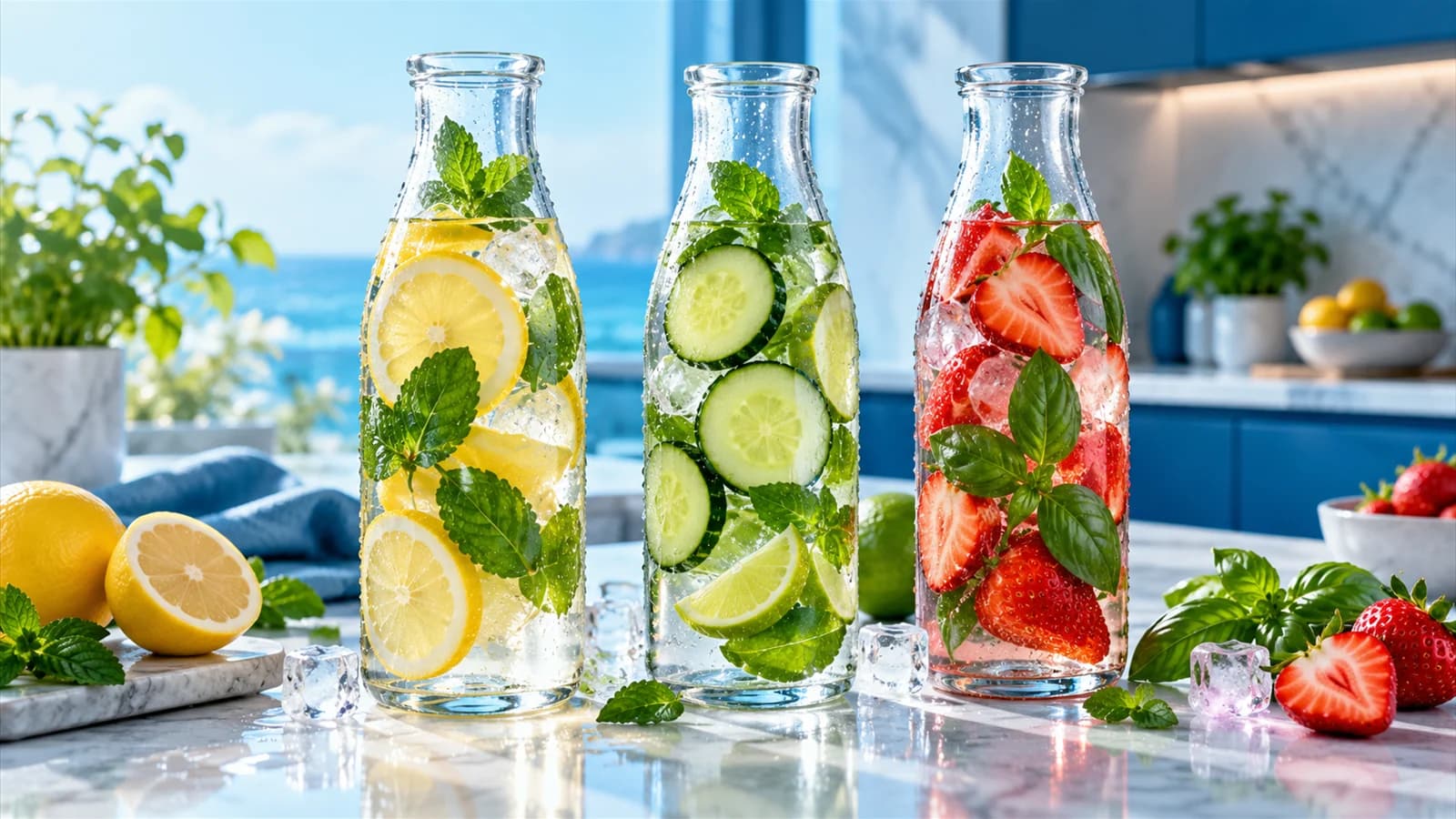 Three bottles of naturally flavoured water: lemon and mint, cucumber and lime, strawberry and basil