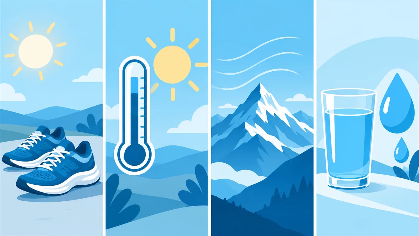 Four illustrated panels: running shoes in the sun, a thermometer, a mountain peak and a glass of water